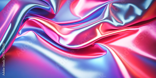 Abstract colorful smooth wavy elegant holographic silk cloth texture design, dynamic shiny luxury metallic satin fabric wave background, Ai generated