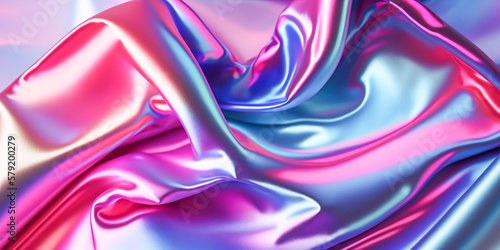 Abstract colorful smooth wavy elegant holographic silk cloth texture design, dynamic shiny luxury metallic satin fabric wave background, Ai generated