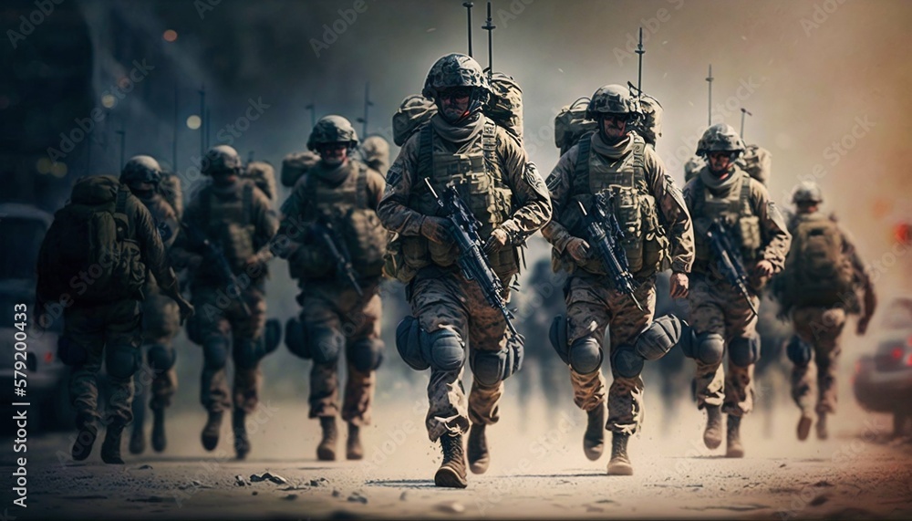 Special forces soldiers go to military operation. Generative AI - obrazy, fototapety, plakaty 