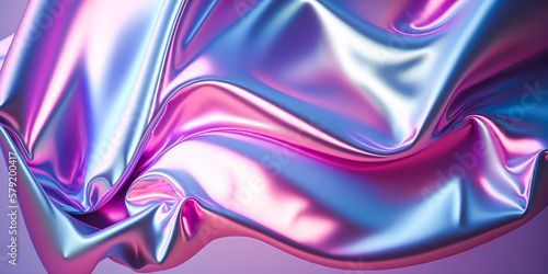 Abstract colorful smooth wavy elegant holographic silk cloth texture design, dynamic shiny luxury metallic satin fabric wave background, Ai generated
