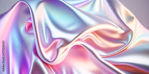 Abstract colorful smooth wavy elegant holographic silk cloth texture design, dynamic shiny luxury metallic satin fabric wave background, Ai generated