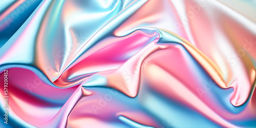 Abstract colorful smooth wavy elegant holographic silk cloth texture design, dynamic shiny luxury metallic satin fabric wave background, Ai generated