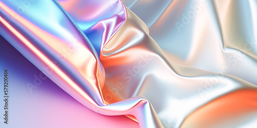 Abstract colorful smooth wavy elegant holographic silk cloth texture design, dynamic shiny luxury metallic satin fabric wave background, Ai generated