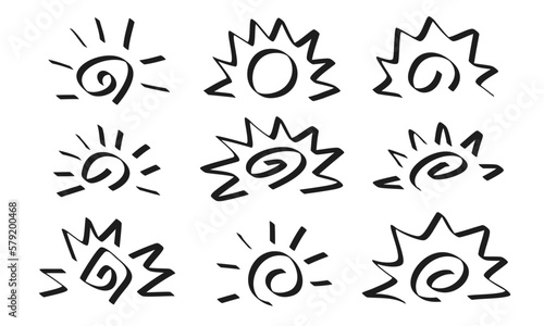 中太のマーカーで描かれた9種類のポップな太陽のイラストセット