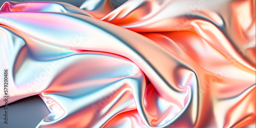 Abstract colorful smooth wavy elegant holographic silk cloth texture design, dynamic shiny luxury metallic satin fabric wave background, Ai generated