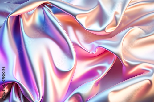 Abstract colorful smooth wavy elegant holographic silk cloth texture design, dynamic shiny luxury metallic satin fabric wave background, Ai generated
