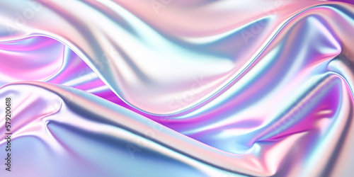 Abstract colorful smooth wavy elegant holographic silk cloth texture design, dynamic shiny luxury metallic satin fabric wave background, Ai generated