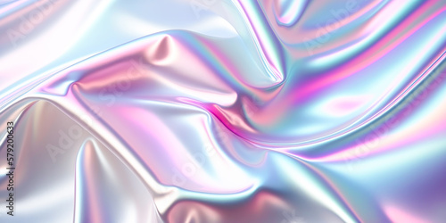 Abstract colorful smooth wavy elegant holographic silk cloth texture design, dynamic shiny luxury metallic satin fabric wave background, Ai generated