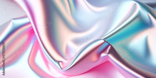 Abstract colorful smooth wavy elegant holographic silk cloth texture design, dynamic shiny luxury metallic satin fabric wave background, Ai generated