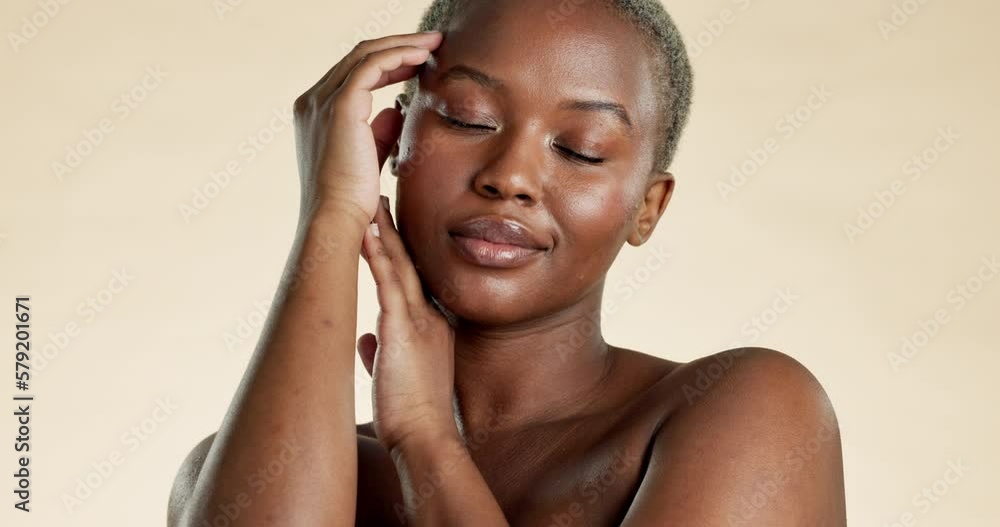 Facial, beauty and black woman touch face for skincare treatment