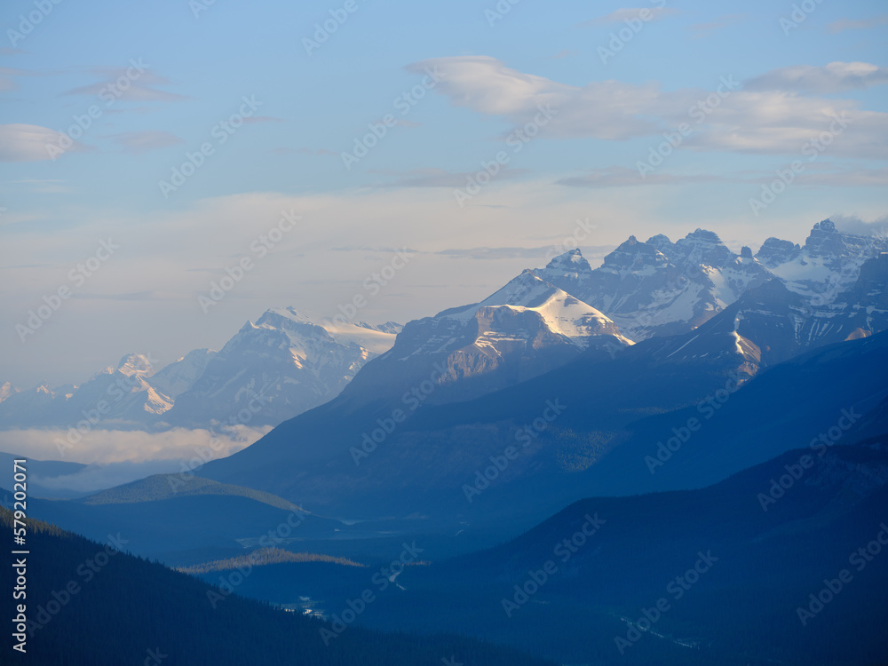 The mountains and glaciers of the Canadian Rockies in Jasper at Sunrise