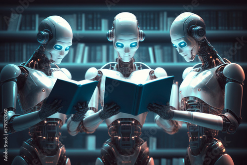  Three humanoid robots reading books in a library, The machine learning of artificial intelligence, Generative AI