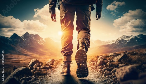 Hiker walking in mountains. Generative AI