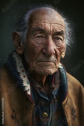 Portrait of a sad old man, of indigenous descent. Generative AI
