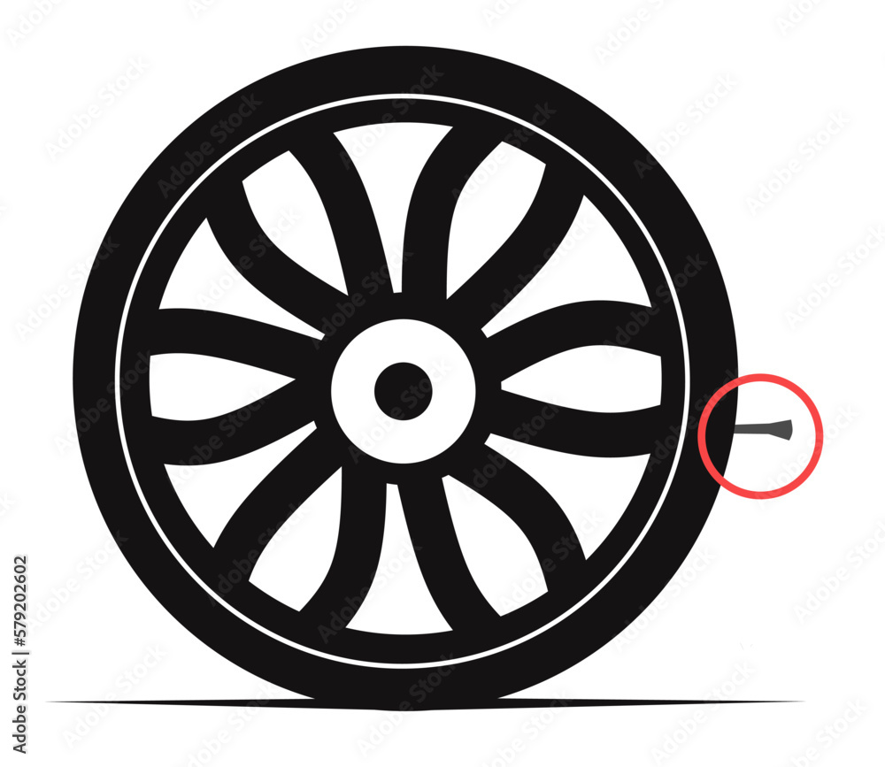 vector illustration Flat tire, flat tire. Nail or fasten a car tire. Red circles indicate nails