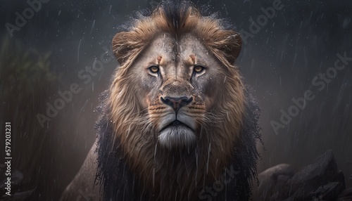 Lion king sad face close up on rain background. Wildlife animal. Generative AI technology.