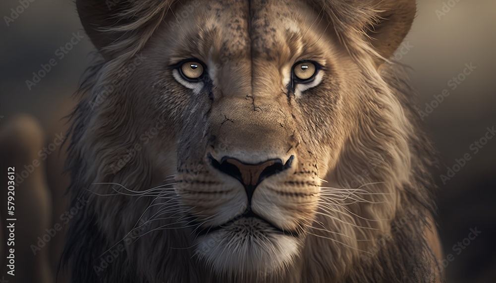 Fototapeta premium Front view lion king face close up. Wildlife animal. Generative AI technology.