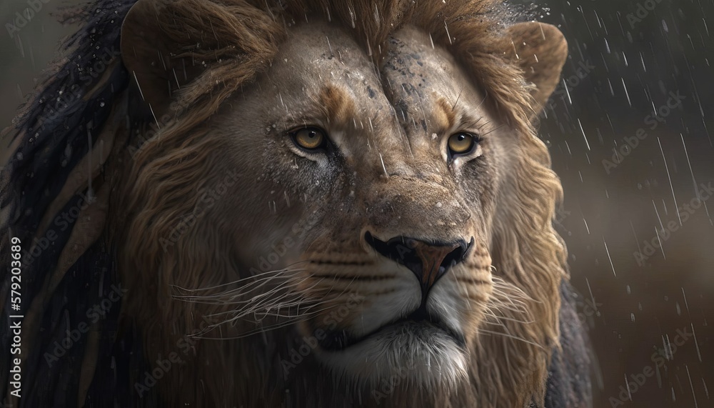 Naklejka premium Lion king face close up on rain background. Wildlife animal. Generative AI technology.