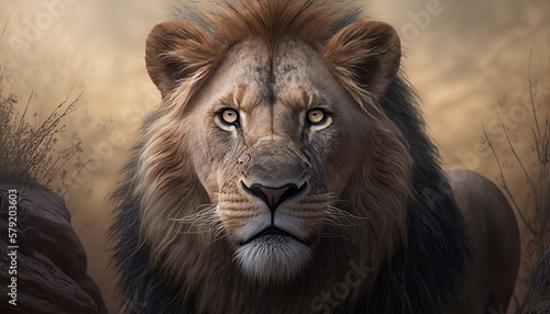 Front view lion king face close up. Wildlife animal. Generative AI technology. © Hero Design