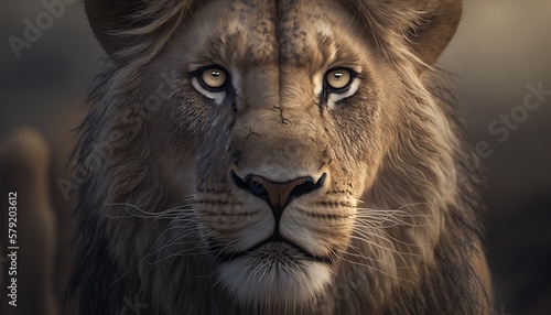 Front view lion king face close up. Wildlife animal. Generative AI technology. © Hero Design