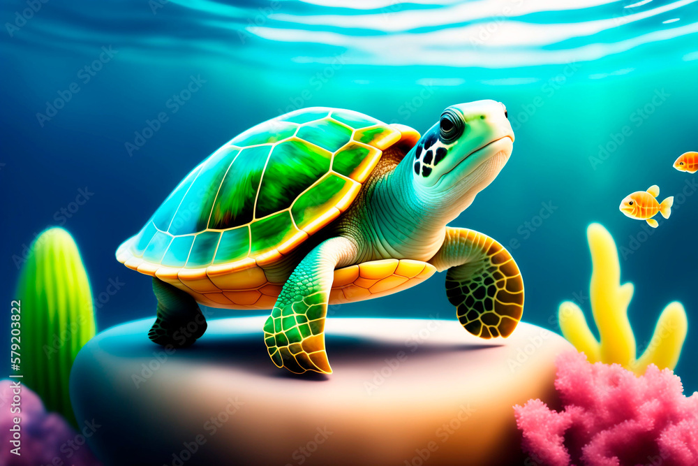 Sea turtle illustration in the water. Generative AI.