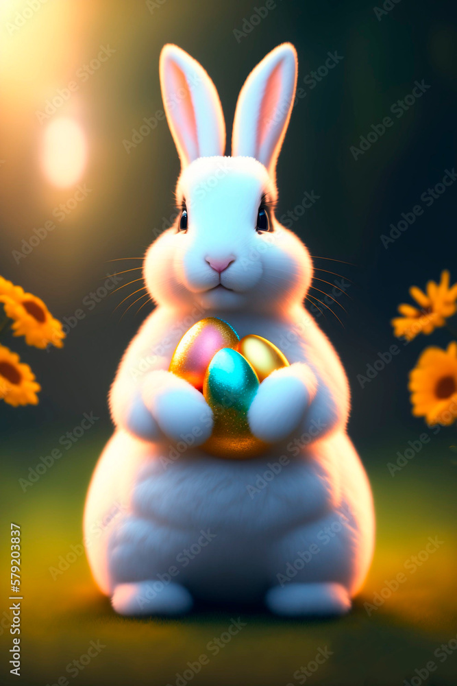 Fototapeta premium Illustration with easter eggs and rabbit. Generative AI.