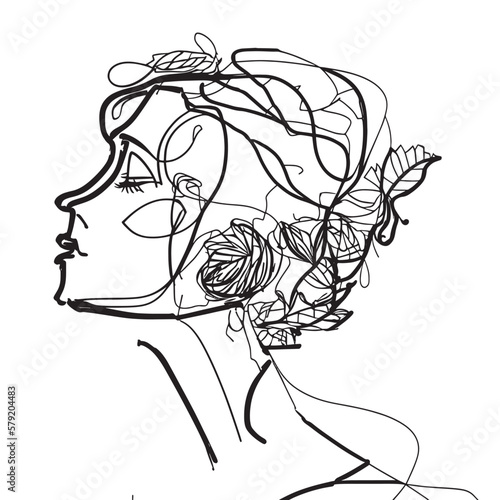 A minimalist depiction of a modern woman's portrait using a continuous line in an abstract style