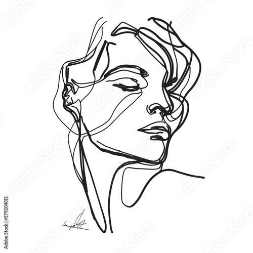 A minimalist depiction of a modern woman's portrait using a continuous line in an abstract style