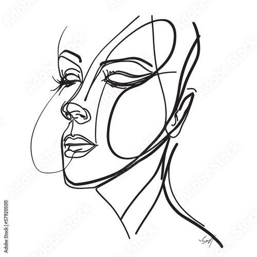 A minimalist depiction of a modern woman's portrait using a continuous line in an abstract style