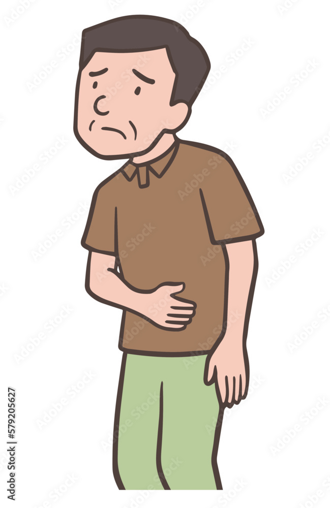 お腹の調子が悪いおじさん、お腹をさする中年男性 お腹の調子が悪いおじさん、お腹をさする中年男性