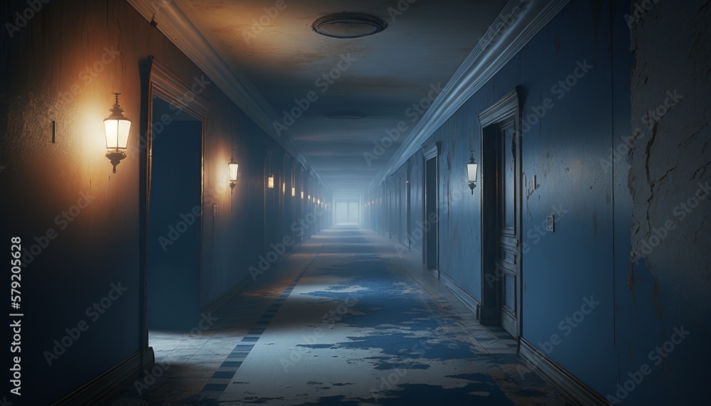 Abandoned empty hallway of classic hotel corridor background. Generative AI technology.	
