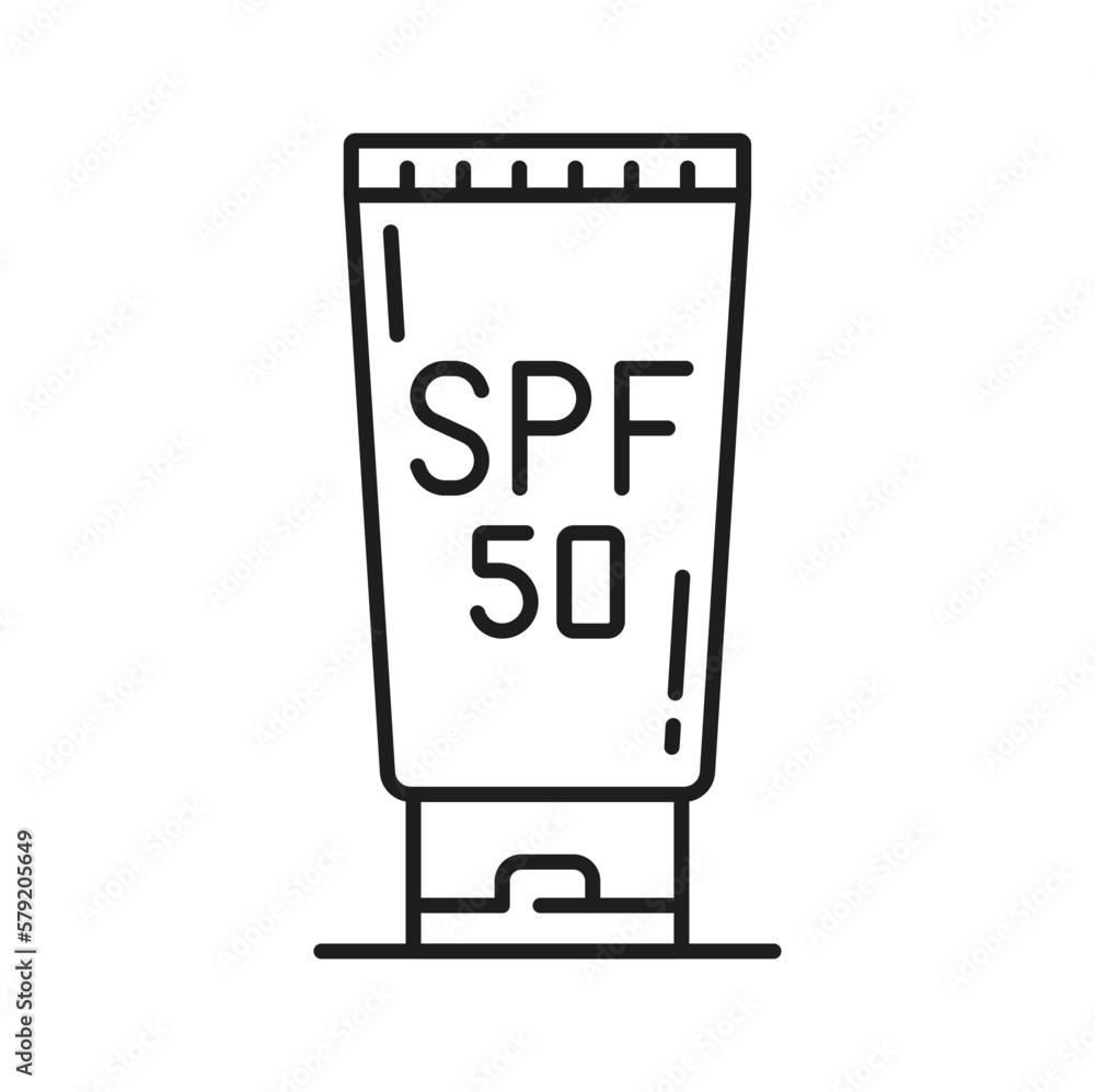 Tube of SPF 50 sunscreen cosmetics, cream blocks the suns rays outline icon. Vector container of sunburn cosmetic, product for summer protection Tube of SPF 50 sunscreen cosmetics, cream blocks the suns rays outline icon. Vector container of sunburn cosmetic, product for summer protection