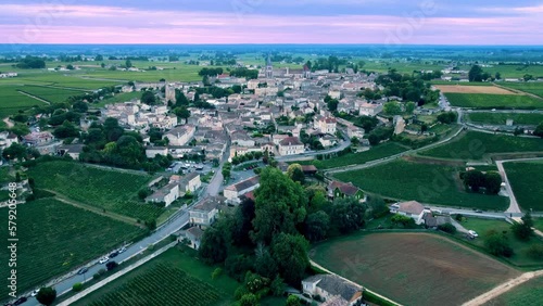 4K drone footage at dusk of the beautiful Saint-Émilion, a commune in the Gironde department in Nouvelle-Aquitaine in southwestern France photo