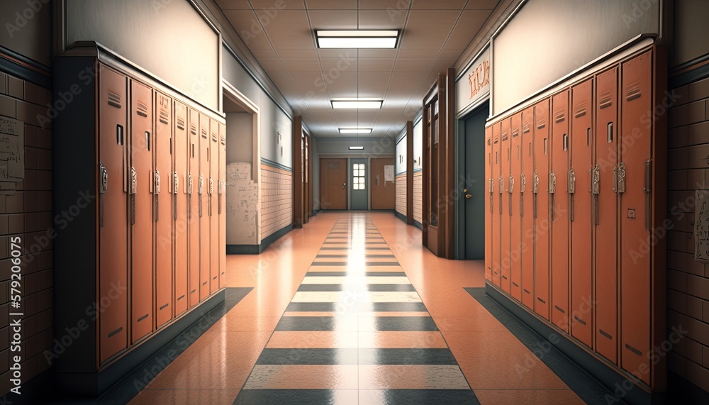 Empty school corridor with line up lockers. Generative AI technology. Empty school corridor with line up lockers. Generative AI technology.