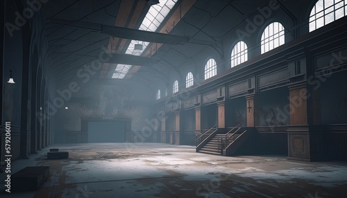Empty abandoned rusty school gym background. Generative AI technology. photo