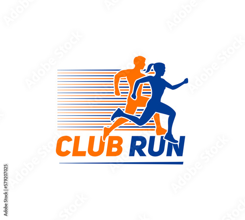 Marathon run sport icon with vector silhouettes of runner or athlete. Man and woman running marathon or sprint tournament. Jogging people blue orange symbol of run sport club and foot race competition