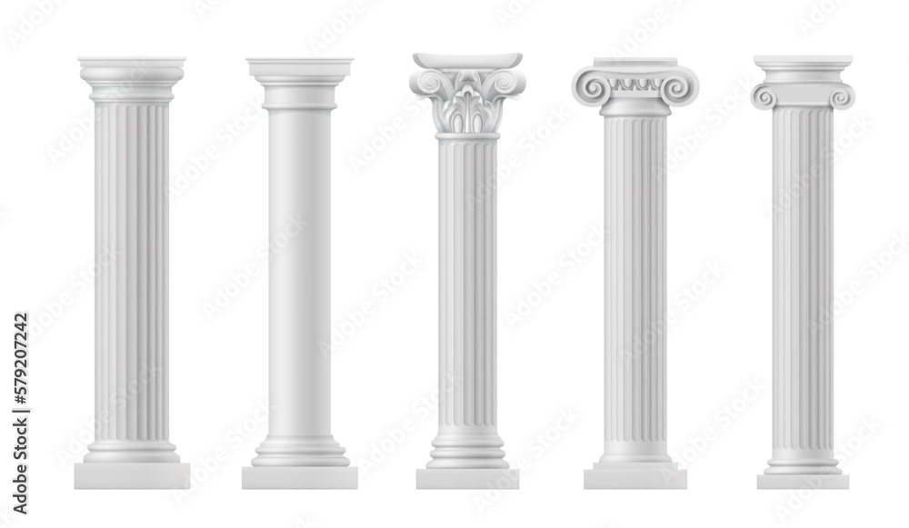 Marble antique columns and pillars of roman and greek architecture elements. Vector realistic classic columns of ancient building or temple. White stone pillars with ornate capitals, vertical flutings - obrazy, fototapety, plakaty 