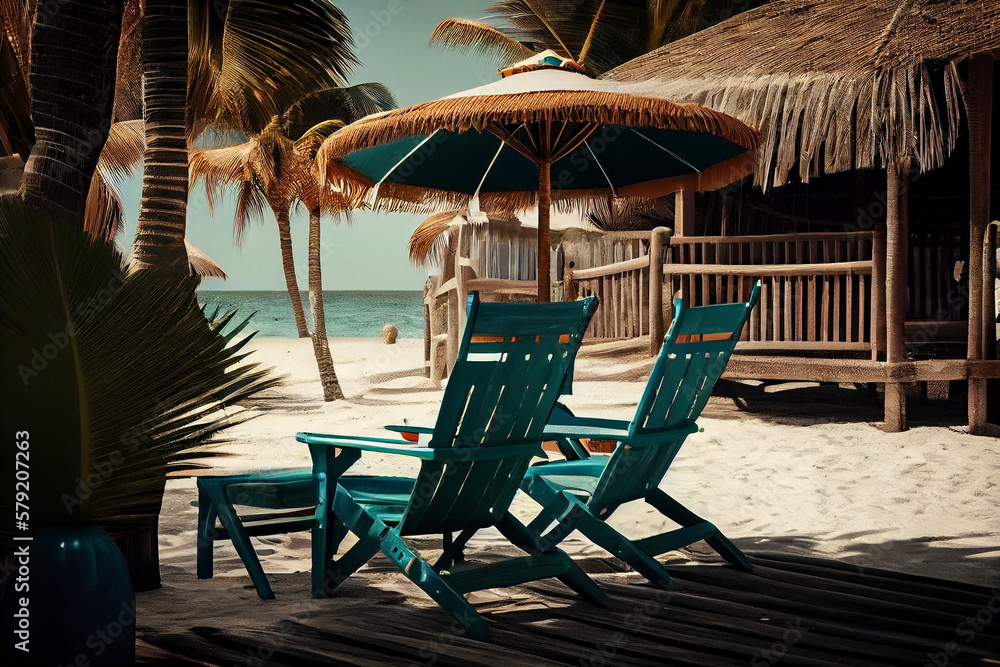 Sun loungers and umbrella with palm trees on a tropical beach.generative ai