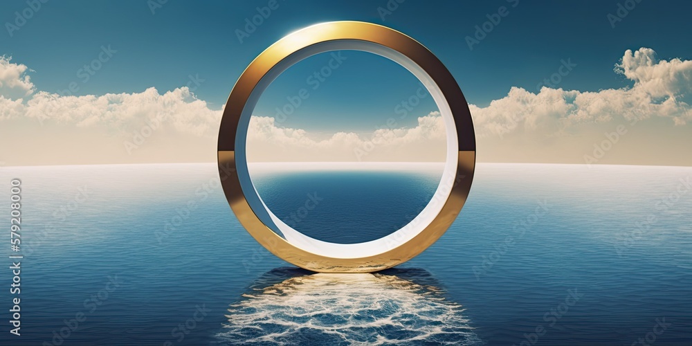 3d render, Surreal seascape with golden ring , ai generated - obrazy, fototapety, plakaty 
