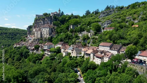4K aerial footage of the beautiful hilltop town of Rocamadour, which is a commune in the Lot department in Southwestern France.