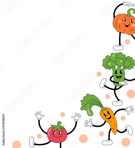 Border with vegetables are doing exercise or dancing. Retro cartoon characters design. Vector illustration.