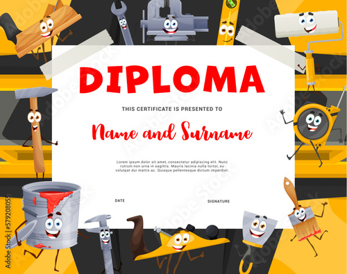 Kids builder diploma cartoon construction and diy tool characters. Vector work appreciation certificate with vice, hammer, cutters and wrench, brush or bucket. Kindergarten achievement frame template