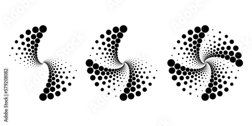 Set of black halftone dots in circle form. Segmented circle. Geometric art. Circular shape. Trendy design element for vector dotted frame, round logo, tattoo, sign, symbol, web pages, print