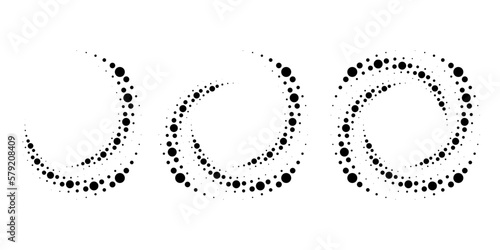 Set of black halftone dots in circle form. Vector. Segmented circle. Geometric art. Circular shape. Trendy design element for vector dotted frame, round logo, tattoo, sign, symbol, web pages, print