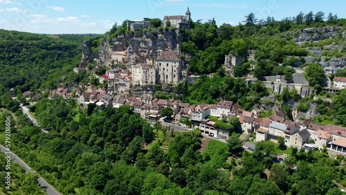 4K aerial footage of the beautiful hilltop town of Rocamadour, which is a commune in the Lot department in Southwestern France.