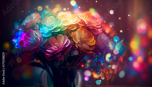 A colorful bouquet of flowers with rainbow colorful bokeh, Generative AI, illustration