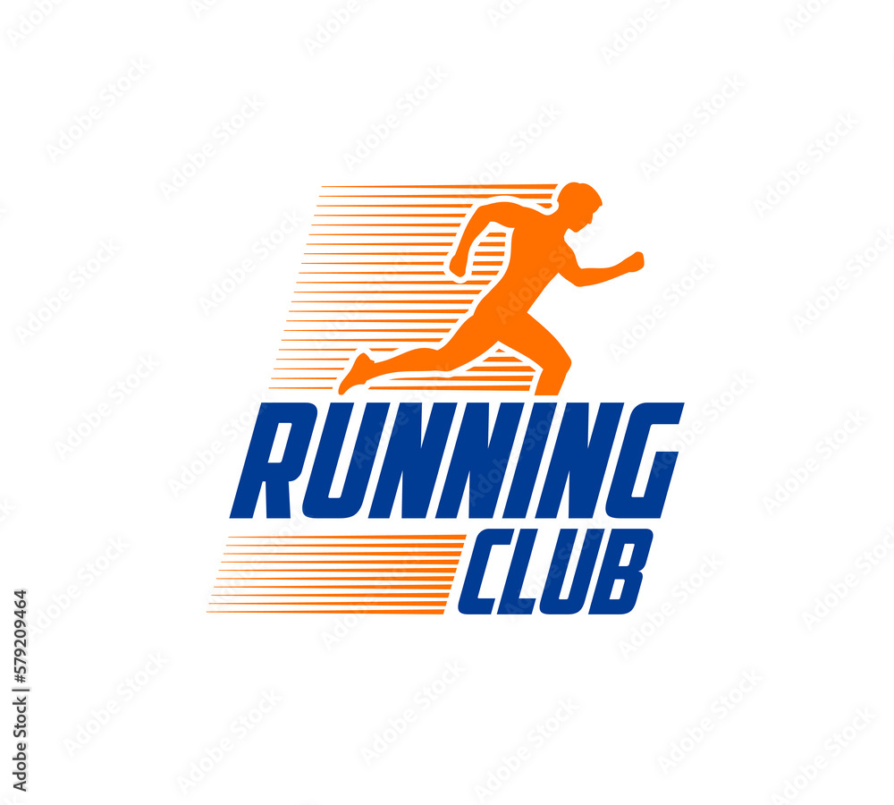 Marathon run sport icon, isolated vector emblem with running male silhouette and speed trace. Athlete, sportsman, championship competition, professional race label with runner figure in motion Marathon run sport icon, isolated vector emblem with running male silhouette and speed trace. Athlete, sportsman, championship competition, professional race label with runner figure in motion