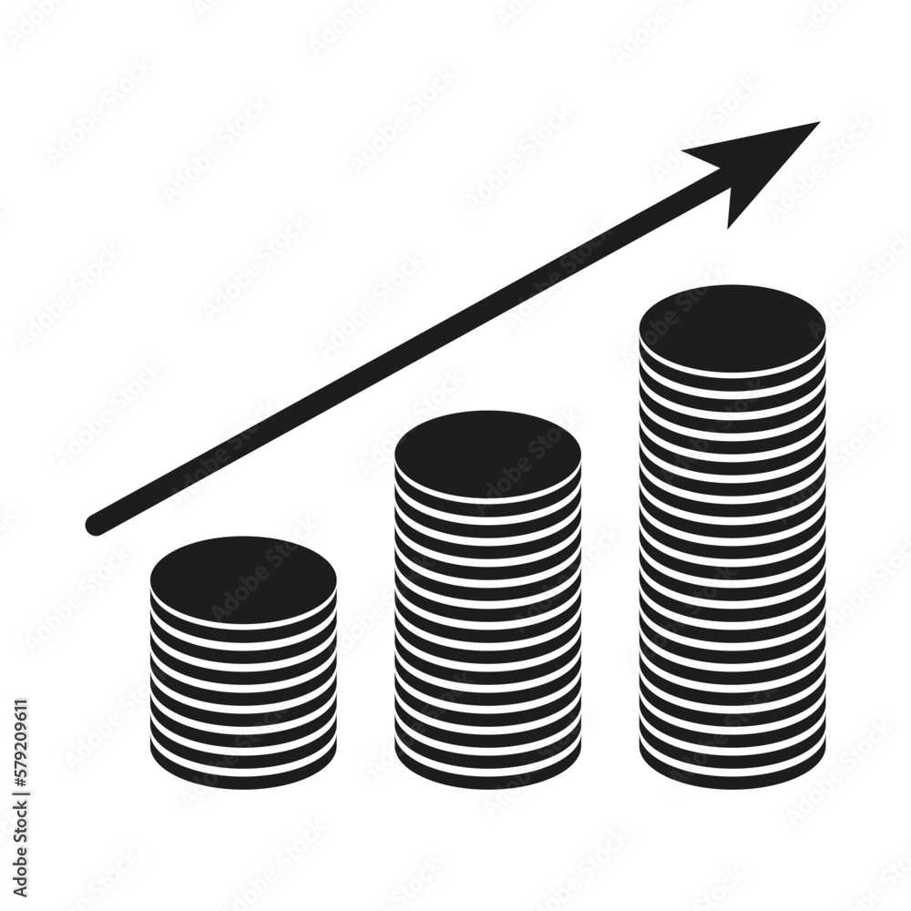 Coin columns up arrow. Finance isometric. Pile money. Vector illustration. Coin columns up arrow. Finance isometric. Pile money. Vector illustration.