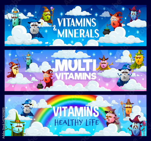 Cartoon vitamin wizard and mage characters on rainbow and clouds. Vector horizontal banners with funny capsules for healthy living. H, B12, B2, B9, E, K, B3, P, A, D and U food supplement personages