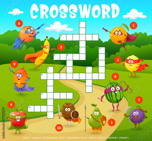Crossword grid cartoon funny fruits superhero characters. Quiz game with cheerful vector orange, banana, lemon, apple, pear, mandarin, plum, watermelon, mango and kiwi super hero personages on path